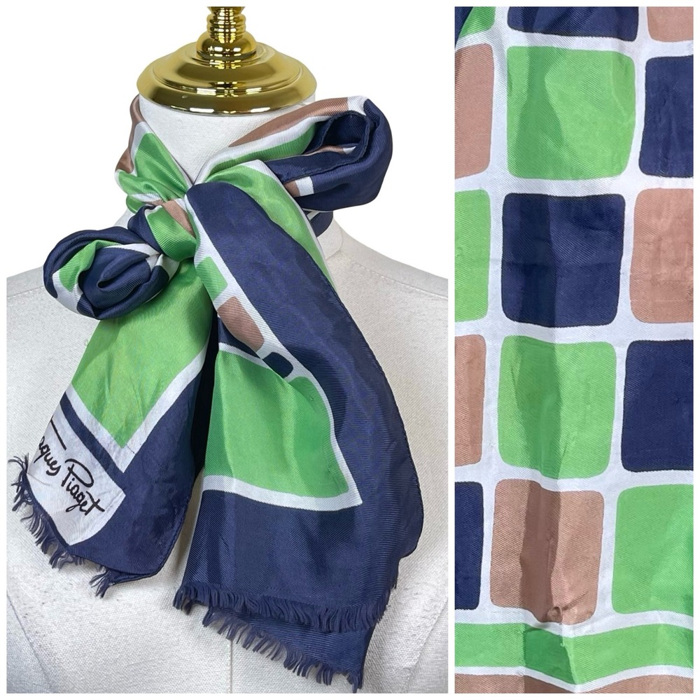 Vintage Jaques Piaget Silk Scarf Women Blue Green Geometric Mod Fringed Retro